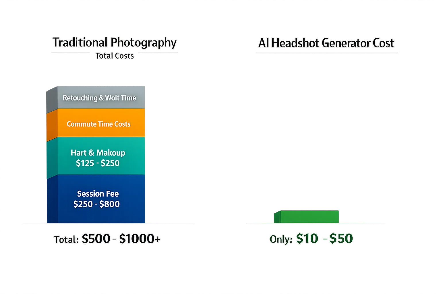 Cost comparison stacked bar chart infographic showing traditional photography total costs breakdown 