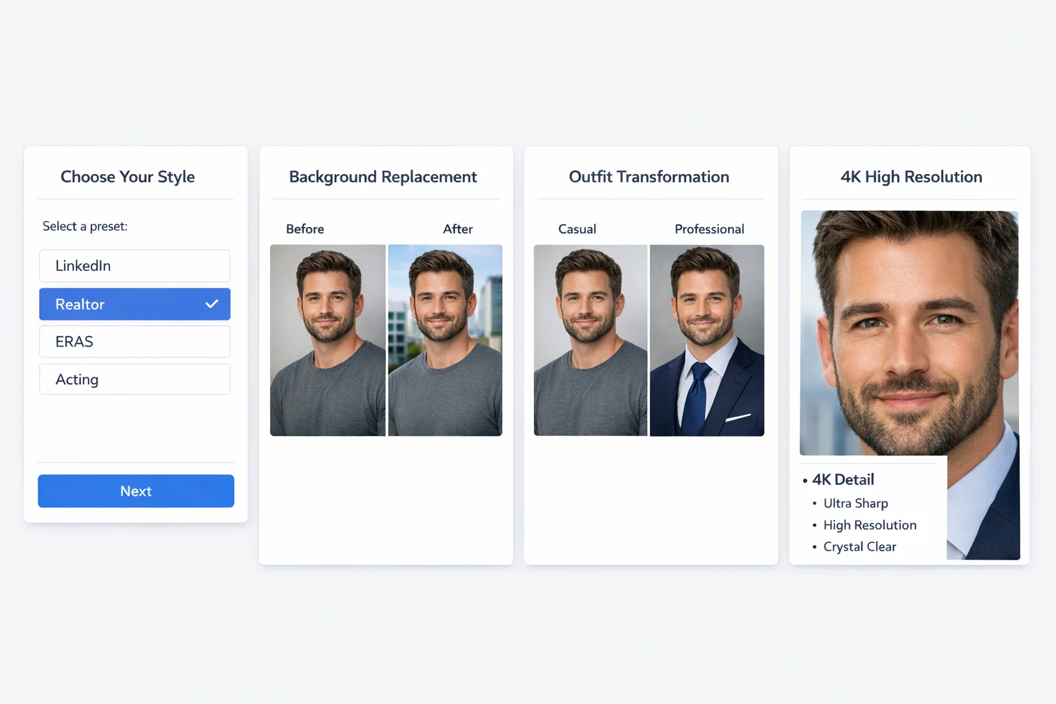 Product feature showcase in 4 column grid layout showing AI headshot generator capabilities, first c