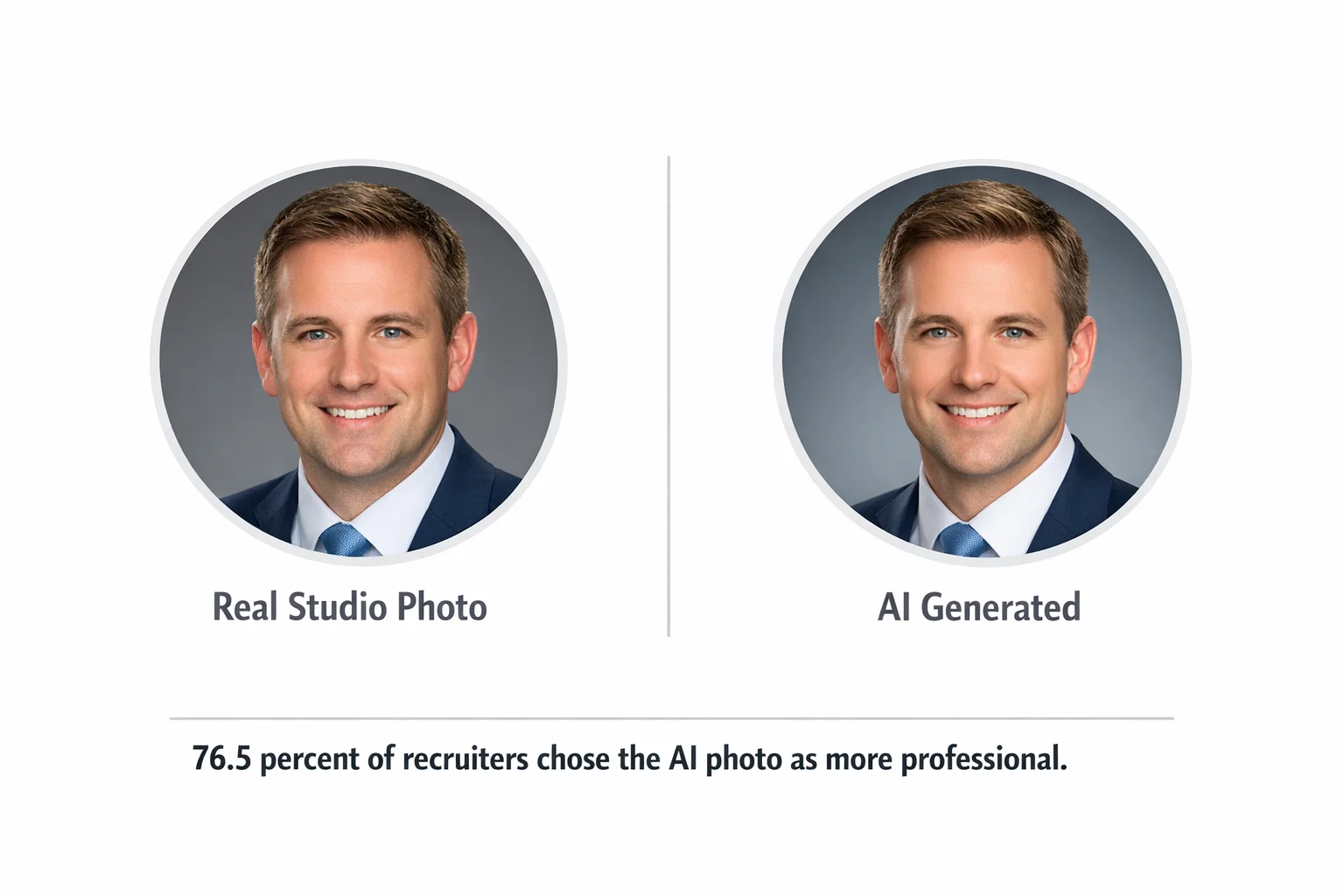 Side by side comparison of two professional business headshots, left labeled Real Studio Photo and r