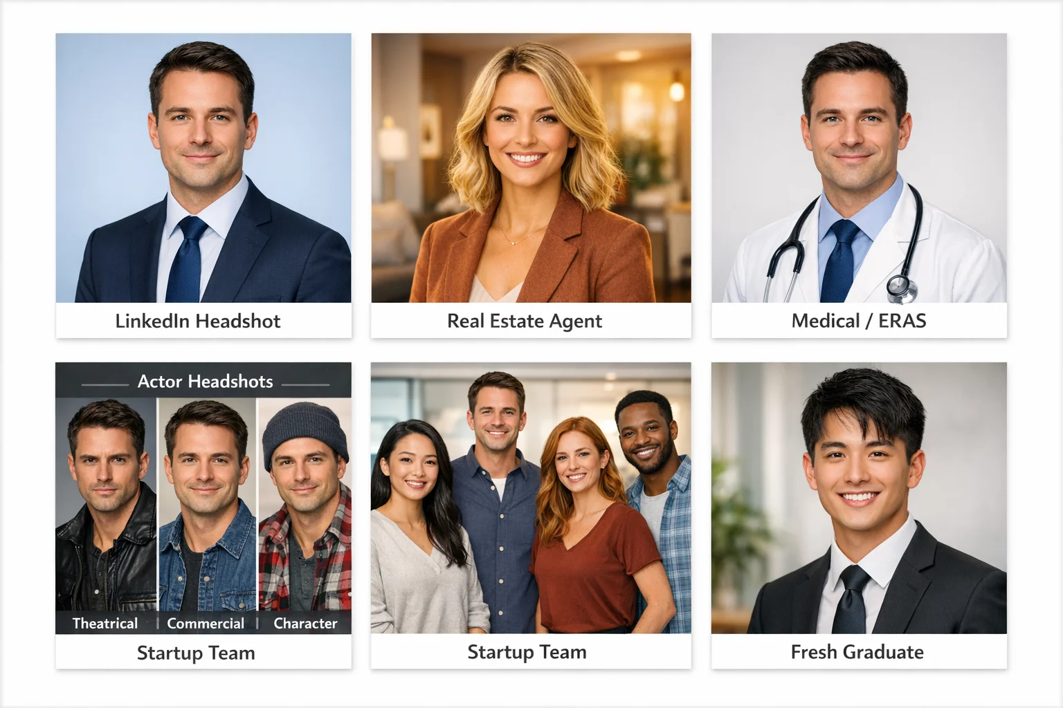 Six panel grid showcasing industry-specific AI headshot applications, panel 1 LinkedIn job seeker in