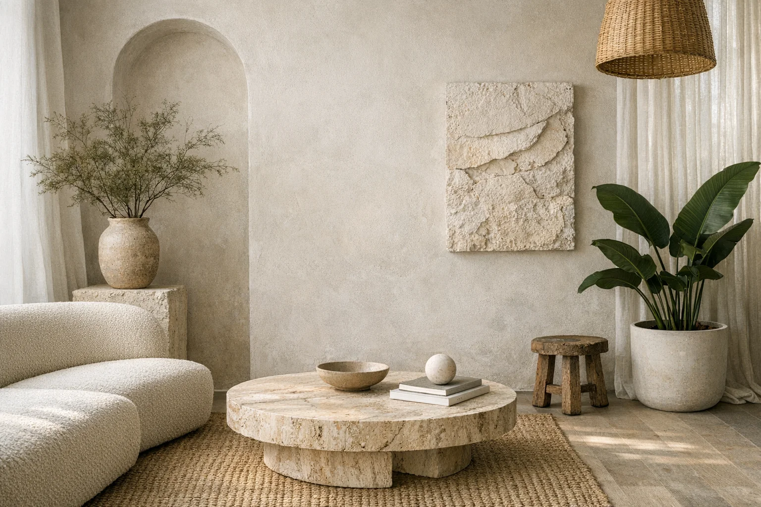 物理的で触覚的なテクスチャと有機的な植物の要素を融合させたモダンでミニマルなインテリア、柔らかな