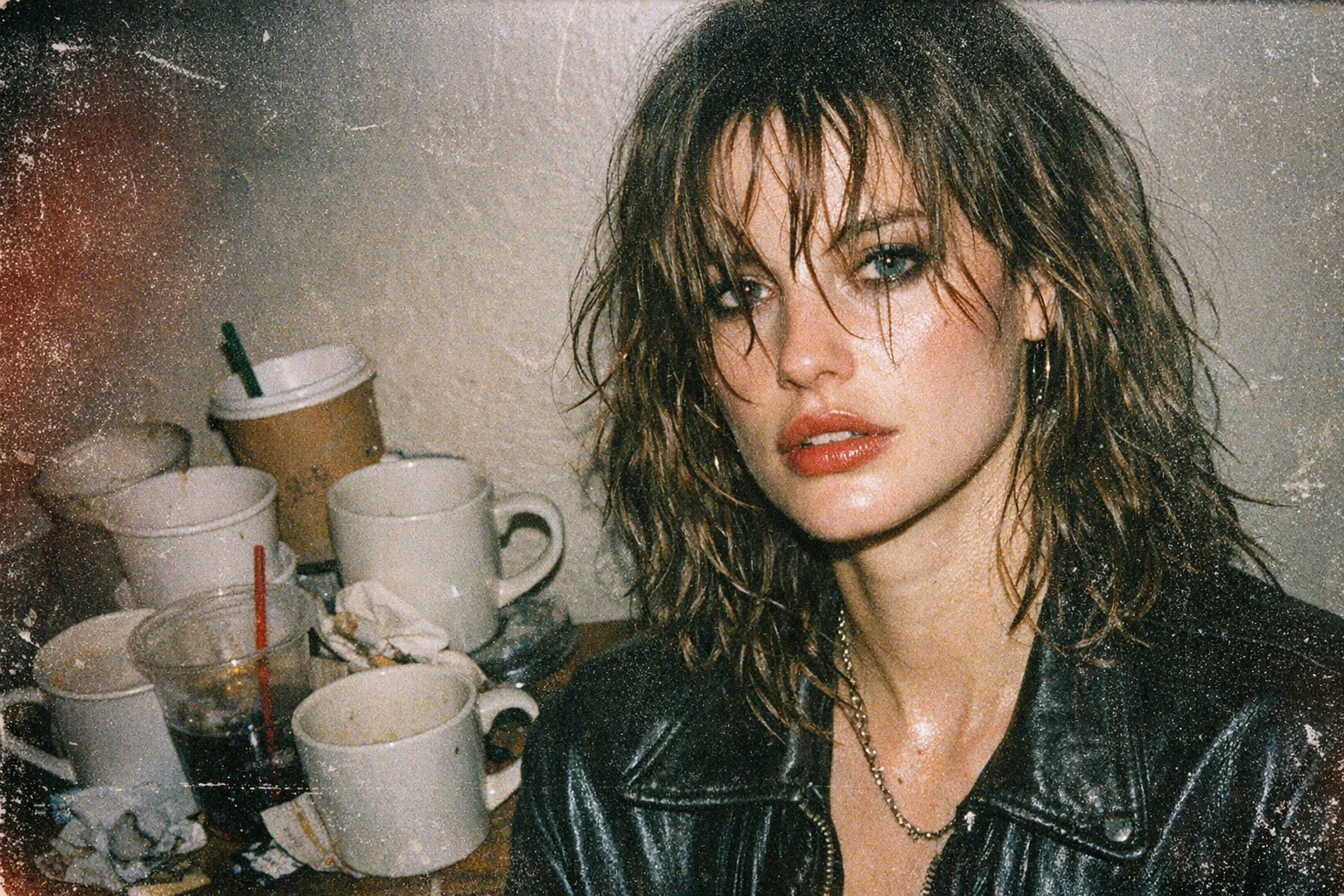 強烈なダイレクトフラッシュ、かすんだフィルムの質感、そして偶然のスティを利用したエディトリアルファッションポートレート