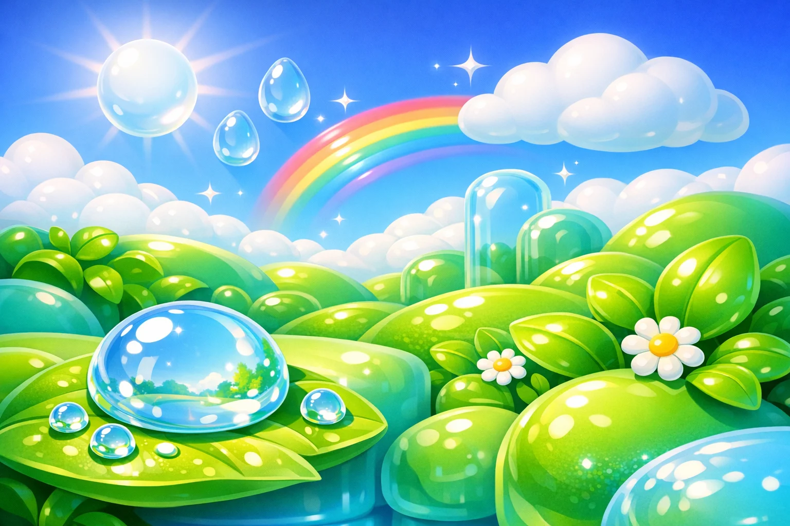 光沢のあるスキューアモーフィックな水滴、鮮やかな青空を特徴とする明るく楽観的なビジュアル構成