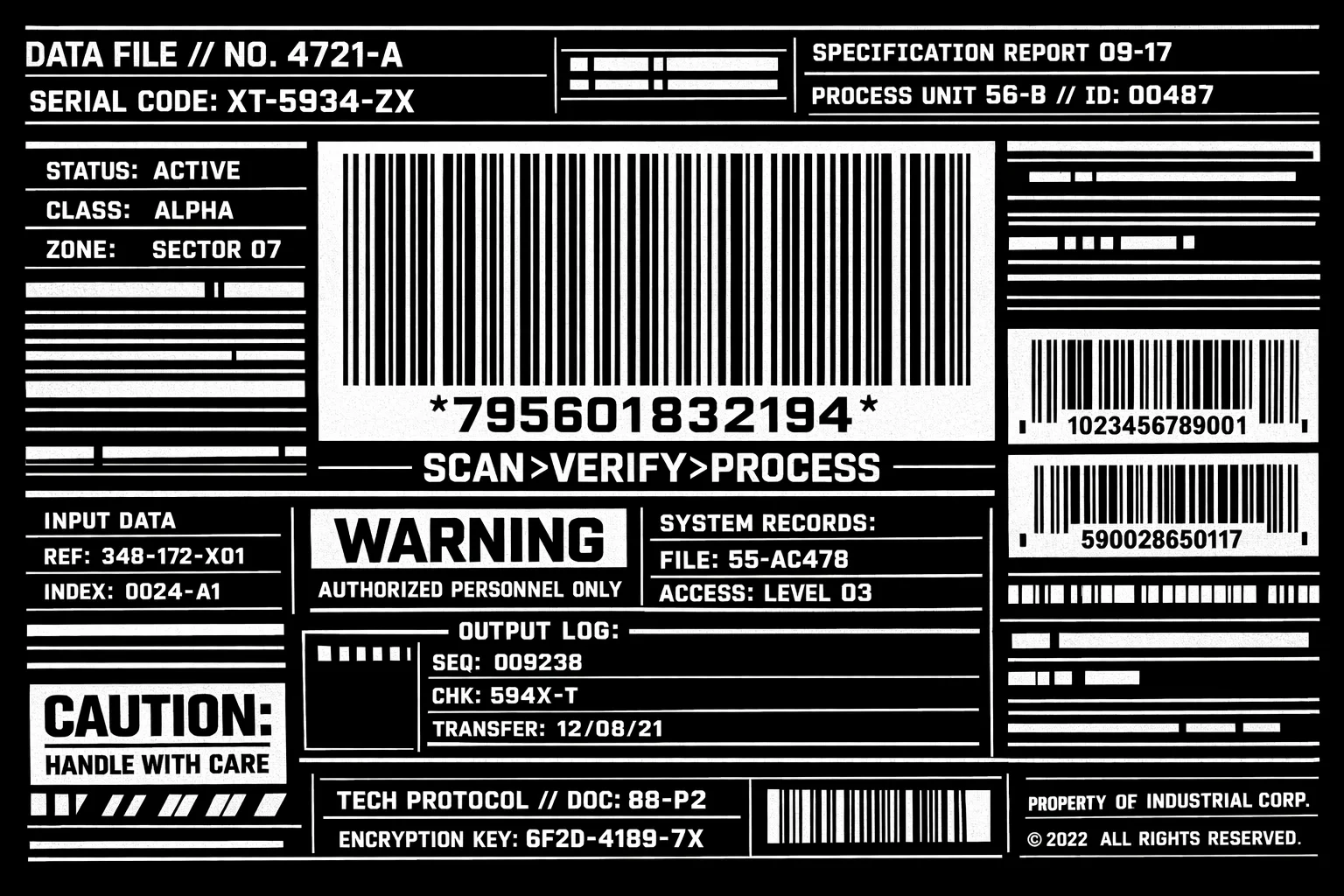 無骨な等幅タイポグラフィの密集したブロック、機能的なバーコードを特徴とする実用的なビジュアルレイアウト