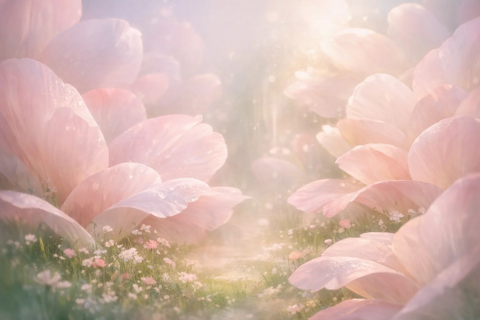 デジタルで増幅された特大のパステルカラーの花びら、雰囲気のある超現実的で没入感のある夢の風景
