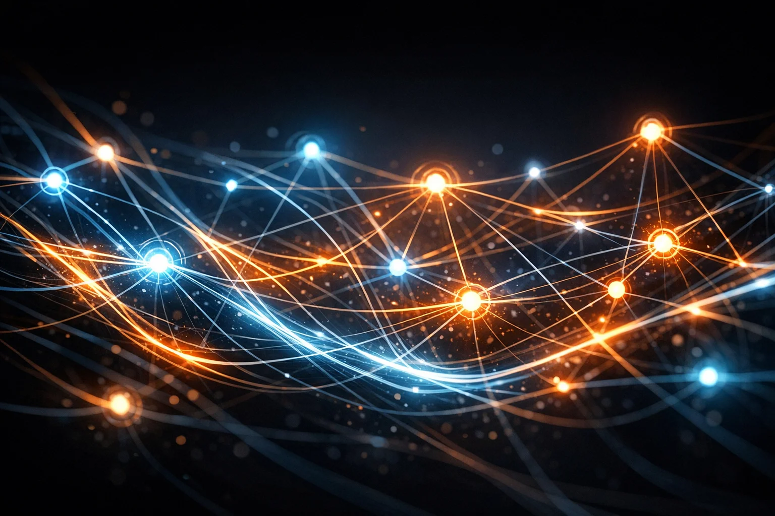 抽象的なインテリジェントネットワークを形成する光る相互接続されたノード、流動的な光の線が表す