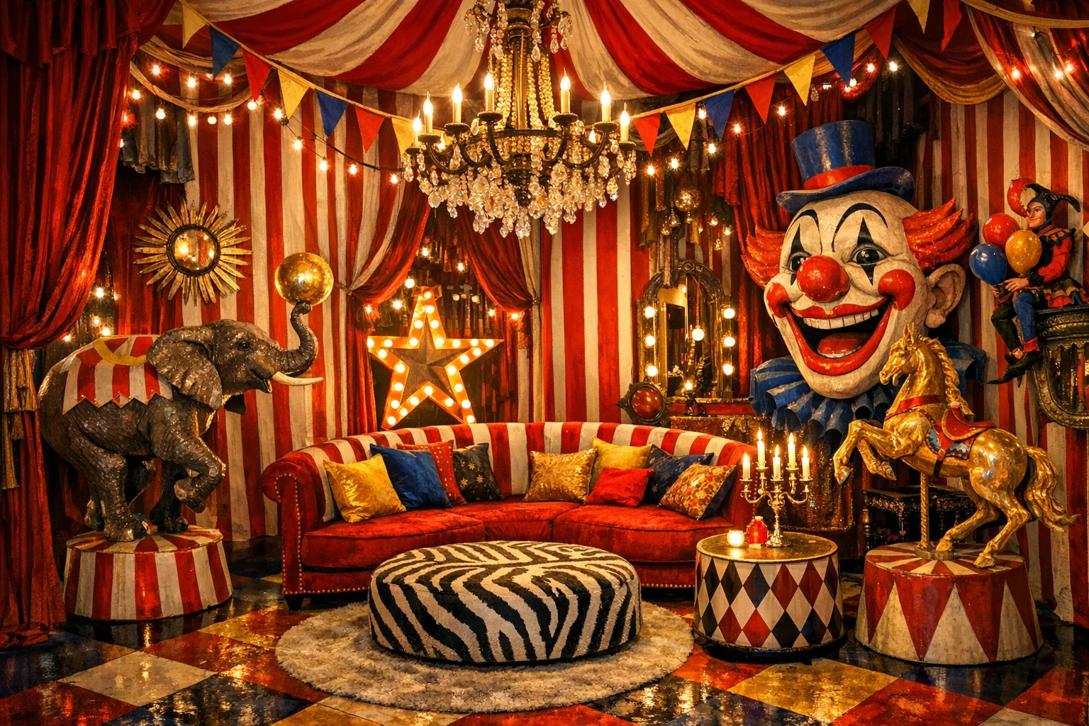 サーカスの美学にインスパイアされたマキシマリストの室内空間、大胆な赤と白のストライプ、鮮やかな