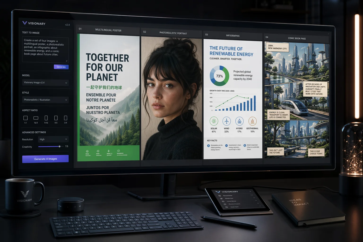 futuristic creative workspace showing an advanced AI image model in action, a large monitor displayi