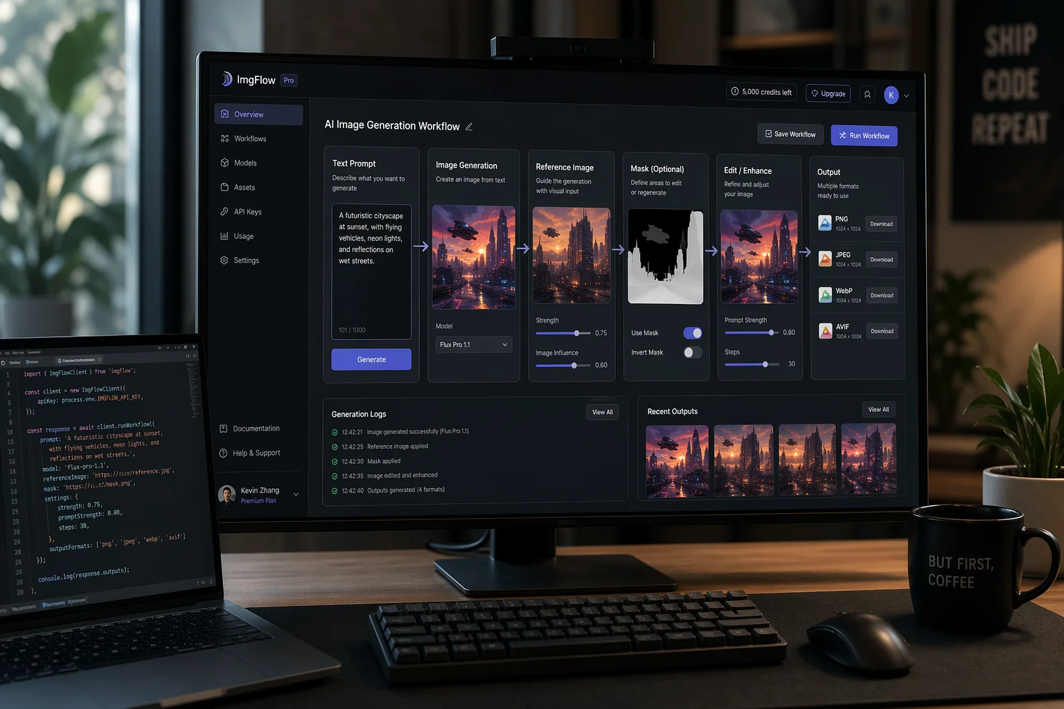 software developer desk with code editor and image workflow diagram, showing text prompt to image ge