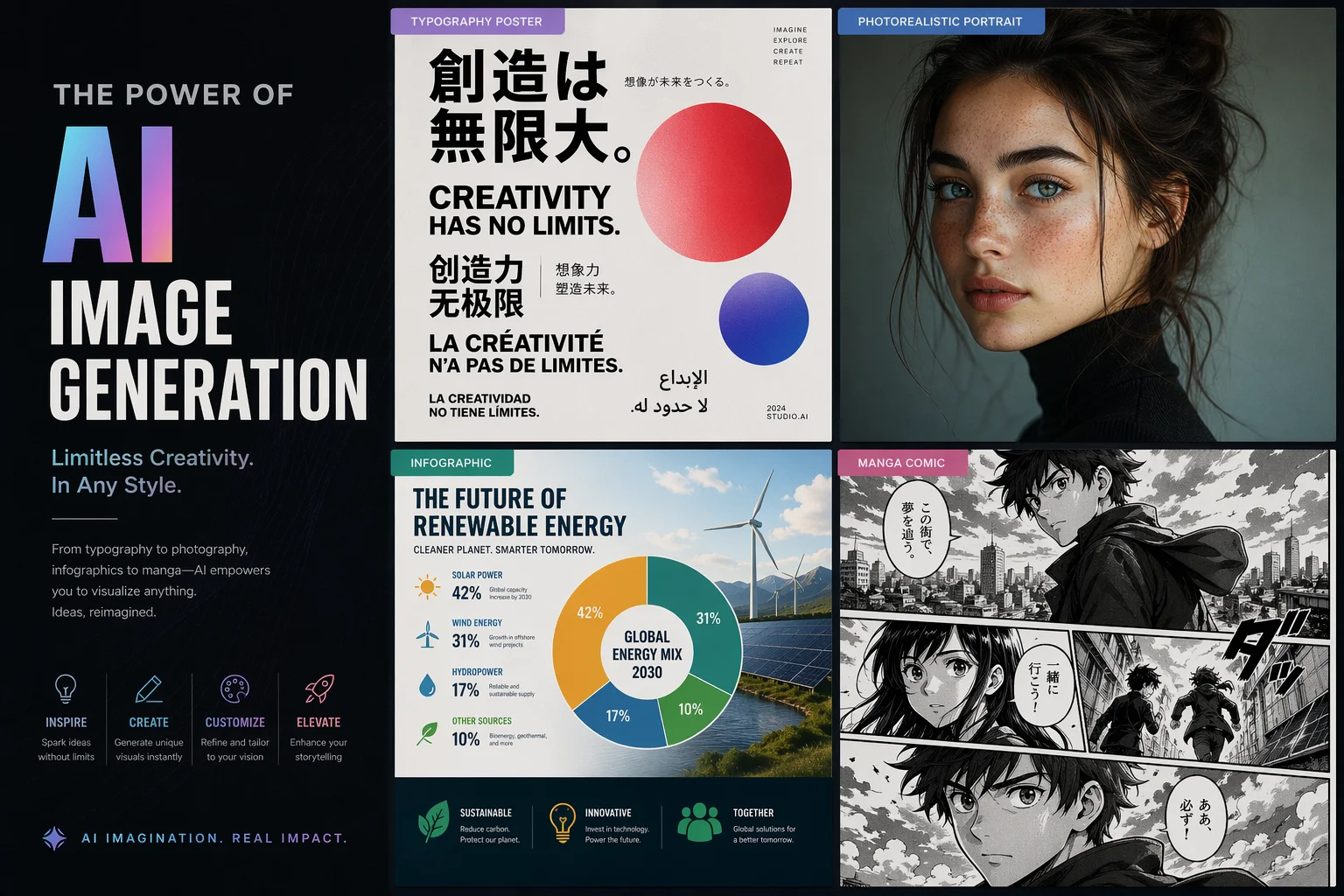 editorial collage of AI image generation capabilities, including a crisp multilingual typography pos