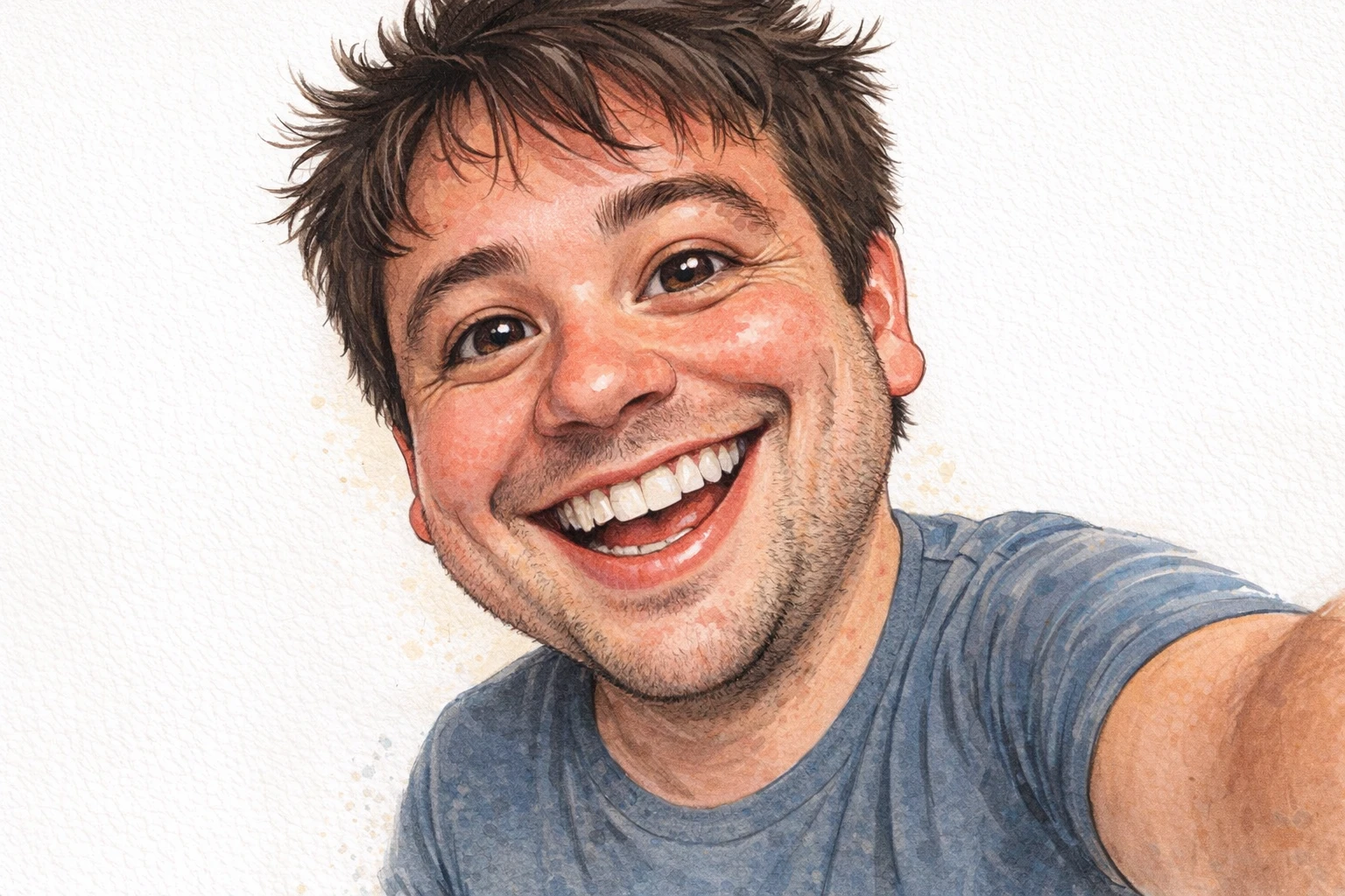 Exaggerated hand-drawn caricature with bold features and whimsical watercolor style