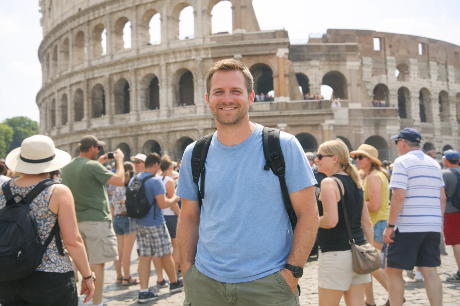 Vacation photo with casual wear and crowded background