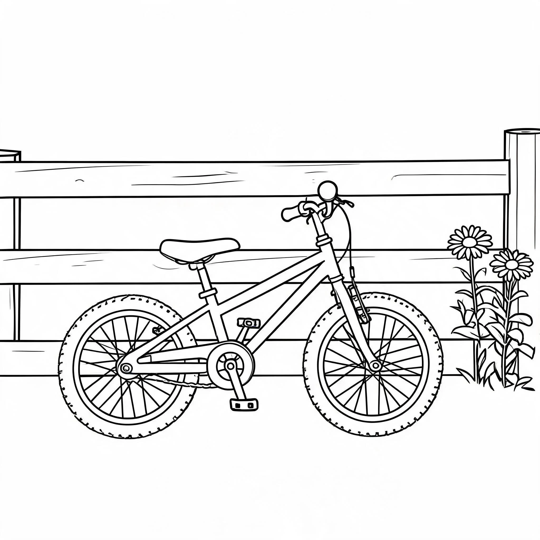 Black-and-white coloring image of the bicycle, fence, and flowers generated from the photo