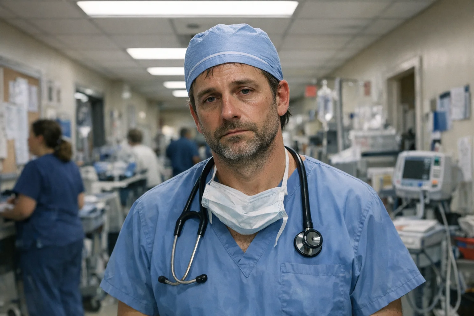 Doctor in scrubs hallway photo