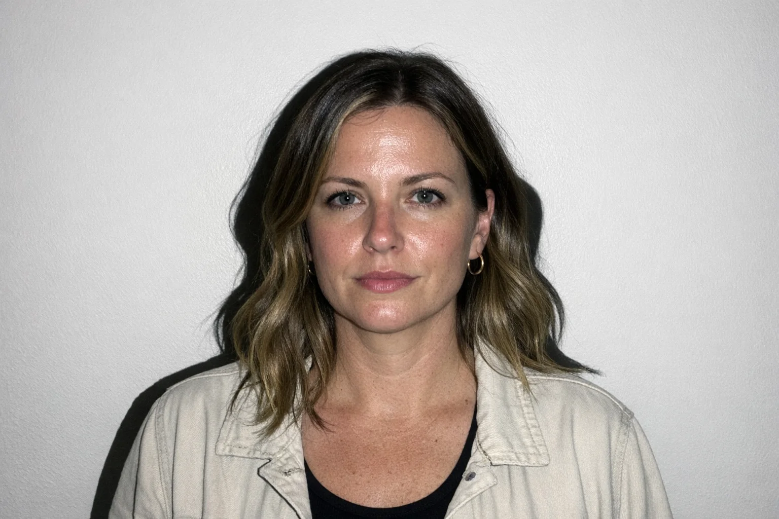 ID photo with heavy flash shadow on the wall