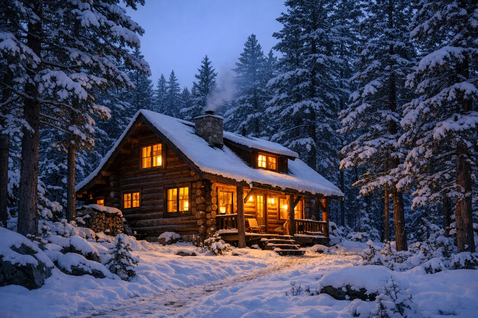 Snowy cabin landscape photo