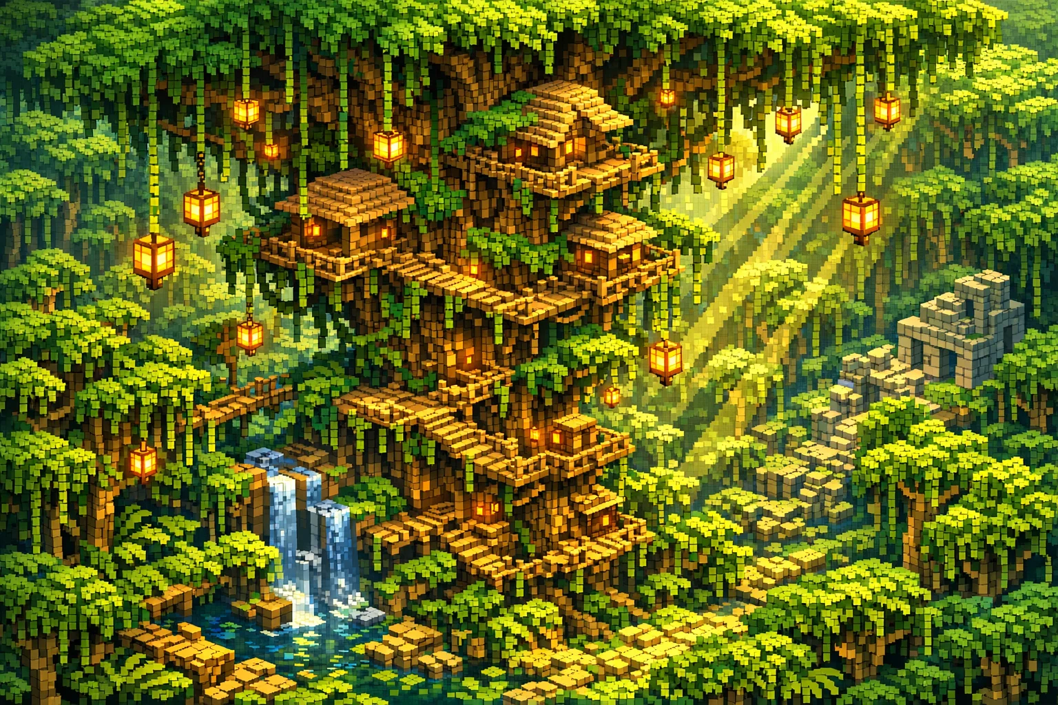 Minecraft style jungle treehouse landscape