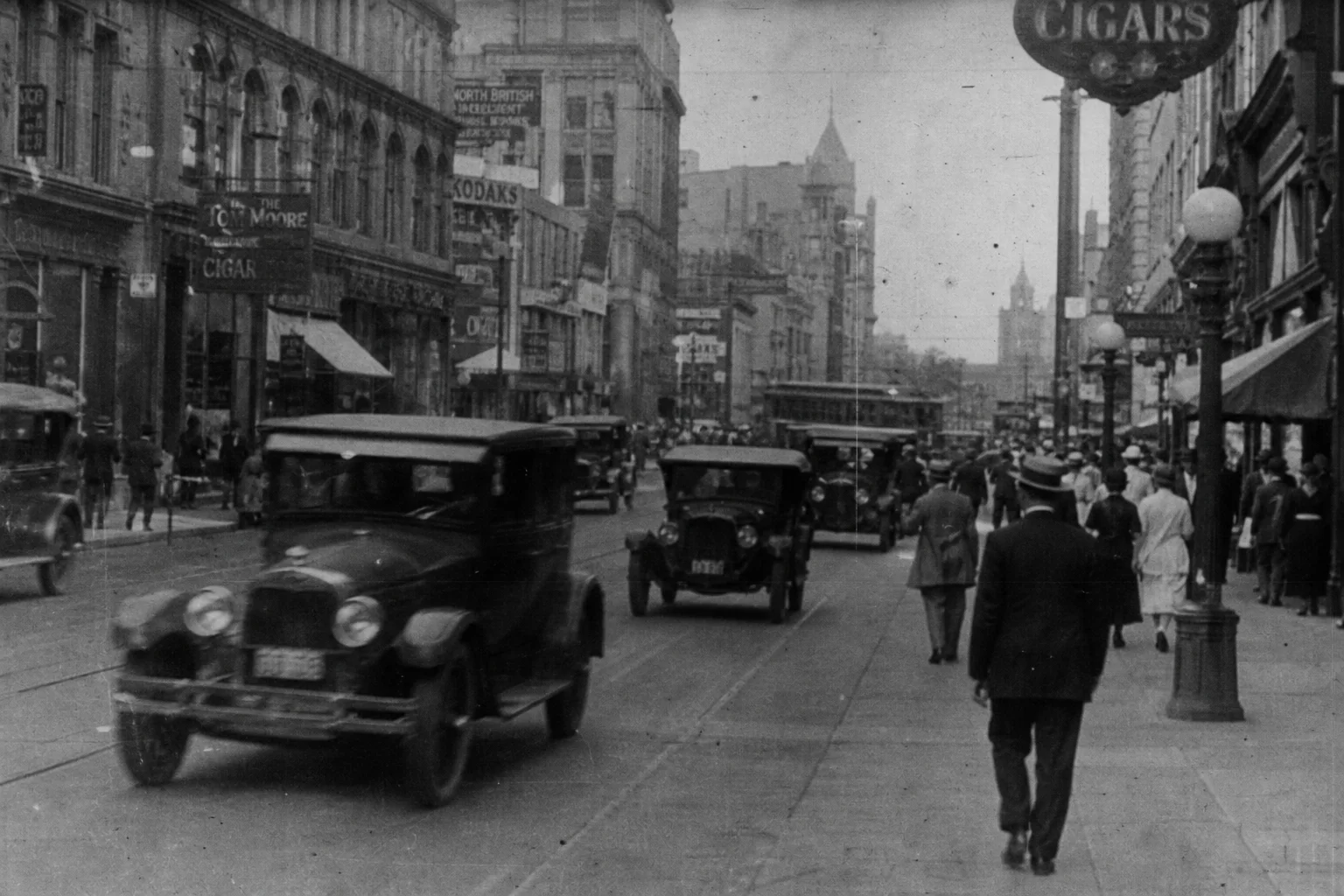 Grainy 1920s street scene